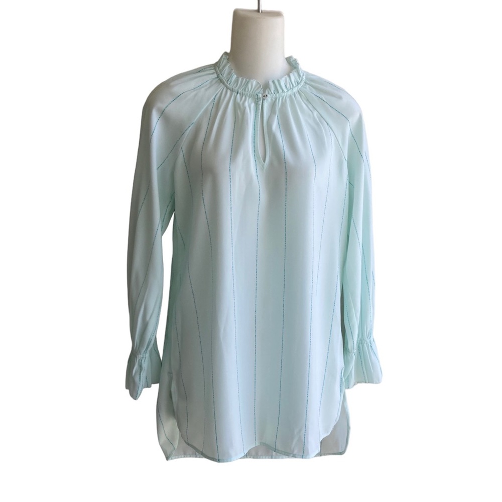 Kaari Blue Tunic Blouse High Neck High Low Aqua Stripe Woman's XS NWT